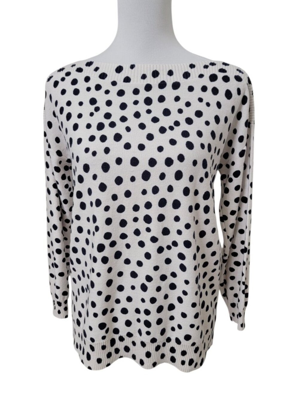 LOFT Size S Off-White with Navy Blue Dotted Knit Sweater
